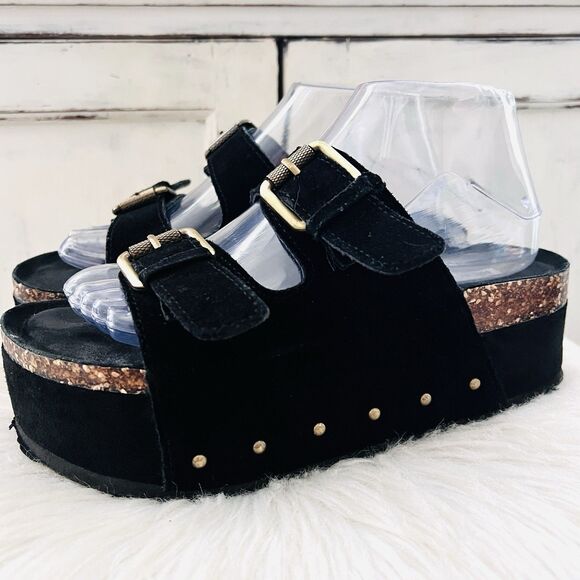 Project Cloud Funky Y2K Platform Black Genuine Leather Cork Strappy Sandals - 9 - Picture 1 of 8